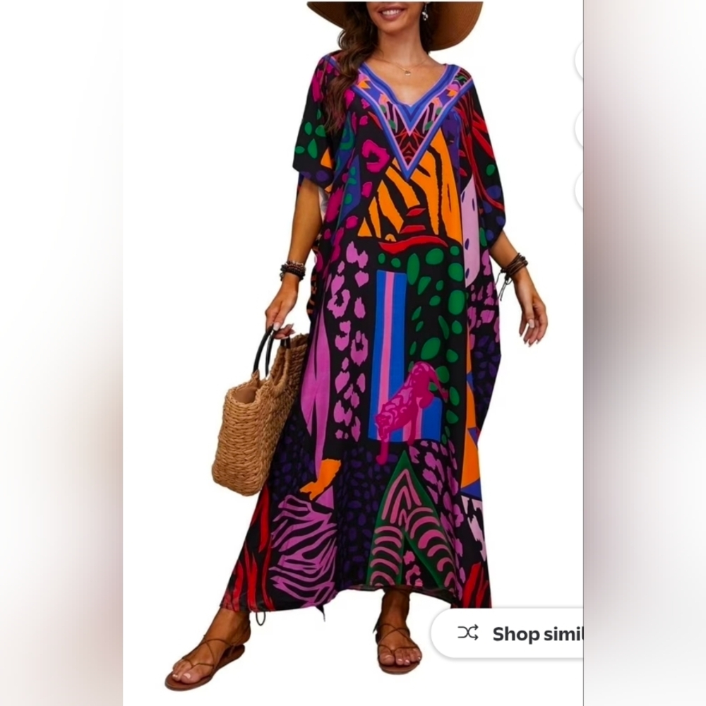 Vibrant Multicolor Kaftan Dress One Size - Picture 1 of 5